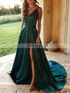 A-line V-neck Silk-like Satin Sweep Train Split Front Prom Dresses #Favs020106381