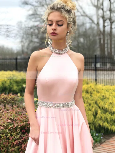 Princess Halter Satin Sweep Train Beading Prom Dresses #Favs020106383