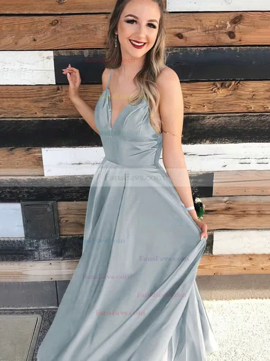 A-line V-neck Satin Floor-length Prom Dresses #Favs020106385