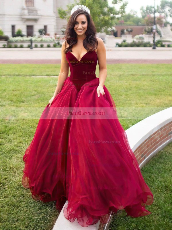 Ball Gown V-neck Organza Velvet Floor-length Prom Dresses #Favs020102419