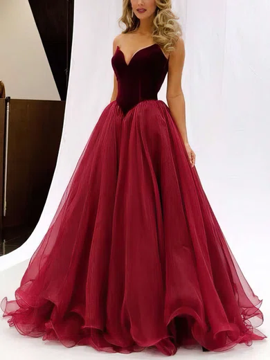 Ball Gown V-neck Organza Velvet Floor-length Prom Dresses #Favs020102419