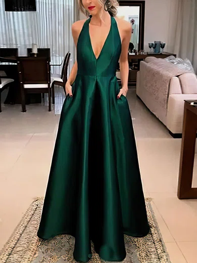 A-line V-neck Satin Floor-length Bow Prom Dresses #Favs020106389