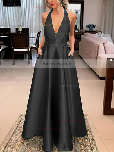 A-line V-neck Satin Floor-length Bow Prom Dresses #Favs020106389