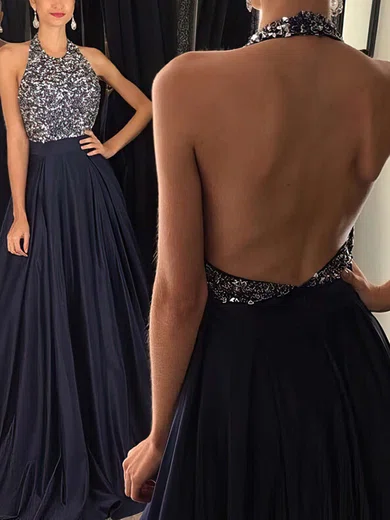 Princess Halter Satin Sweep Train Beading Prom Dresses #Favs020102435