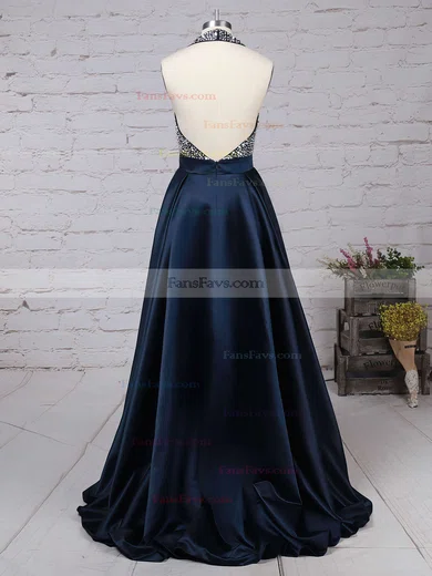 Princess Halter Satin Sweep Train Beading Prom Dresses #Favs020102435