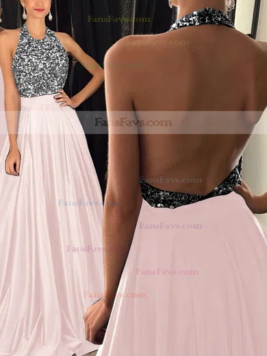 Princess Halter Satin Sweep Train Beading Prom Dresses #Favs020102435