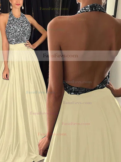 Princess Halter Satin Sweep Train Beading Prom Dresses #Favs020102435