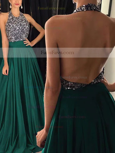 Princess Halter Satin Sweep Train Beading Prom Dresses #Favs020102435