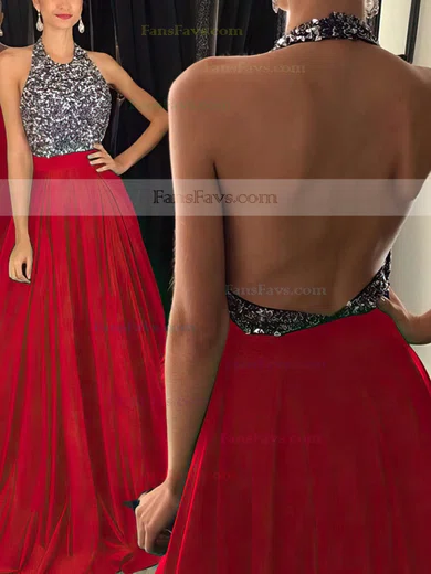 Princess Halter Satin Sweep Train Beading Prom Dresses #Favs020102435