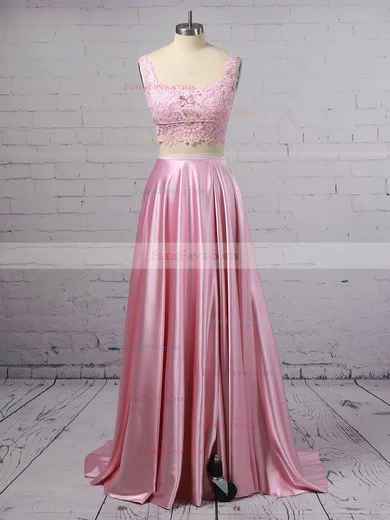 A-line Square Neckline Lace Silk-like Satin Sweep Train Pockets Prom Dresses #Favs020106398