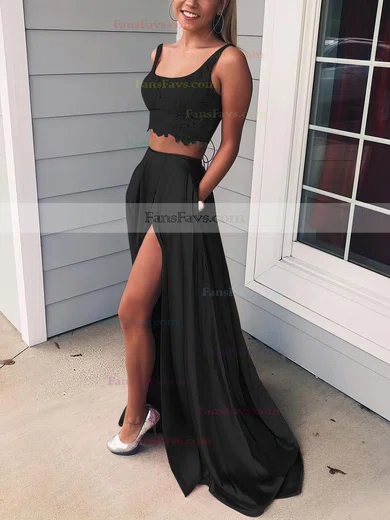 A-line Square Neckline Lace Silk-like Satin Sweep Train Pockets Prom Dresses #Favs020106398