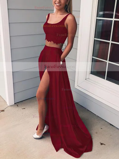 A-line Square Neckline Lace Silk-like Satin Sweep Train Pockets Prom Dresses #Favs020106398