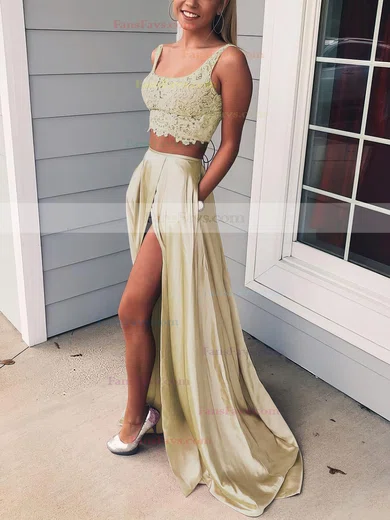 A-line Square Neckline Lace Silk-like Satin Sweep Train Pockets Prom Dresses #Favs020106398