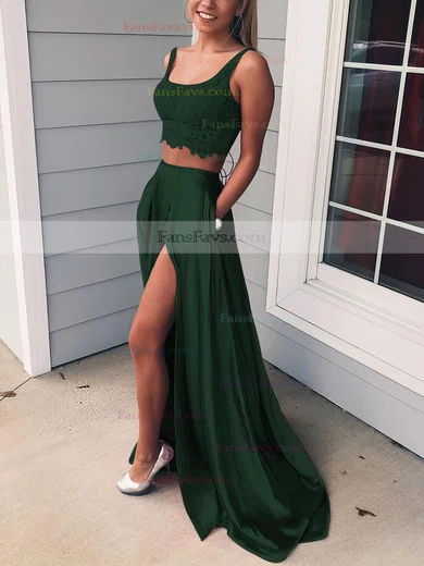 A-line Square Neckline Lace Silk-like Satin Sweep Train Pockets Prom Dresses #Favs020106398