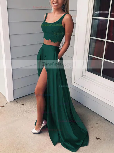 A-line Square Neckline Lace Silk-like Satin Sweep Train Pockets Prom Dresses #Favs020106398