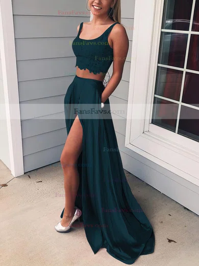 A-line Square Neckline Lace Silk-like Satin Sweep Train Pockets Prom Dresses #Favs020106398