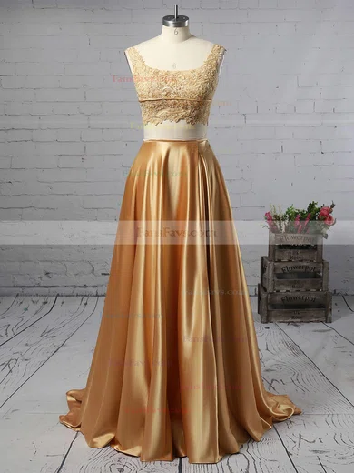 A-line Square Neckline Lace Silk-like Satin Sweep Train Pockets Prom Dresses #Favs020106398