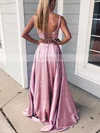 A-line Square Neckline Lace Silk-like Satin Sweep Train Pockets Prom Dresses #Favs020106398