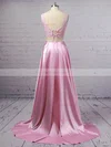 A-line Square Neckline Lace Silk-like Satin Sweep Train Pockets Prom Dresses #Favs020106398