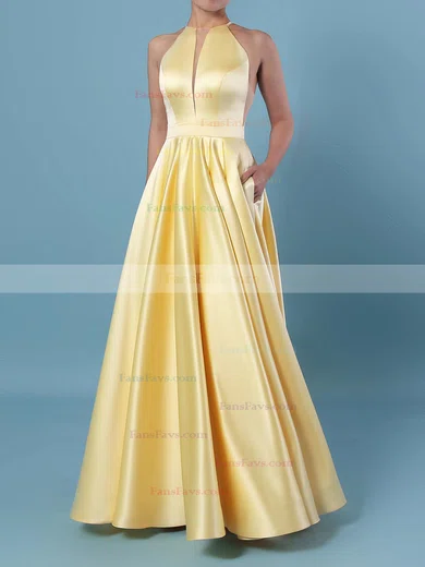 Princess Scoop Neck Satin Floor-length Pockets Prom Dresses #Favs020106399