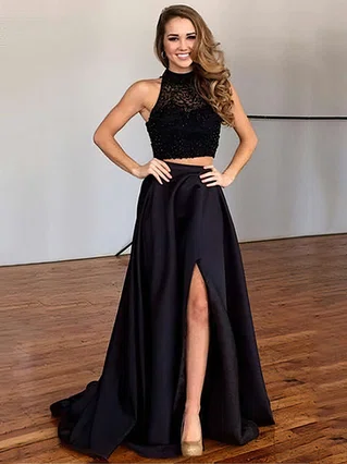 A-line High Neck Satin Sweep Train Beading Prom Dresses #Favs020102482 A-line High Neck Satin Sweep Train Beading Prom Dresses #Favs020102482