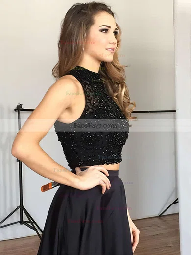 A-line High Neck Satin Sweep Train Beading Prom Dresses #Favs020102482