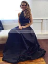 A-line High Neck Satin Sweep Train Beading Prom Dresses #Favs020102482