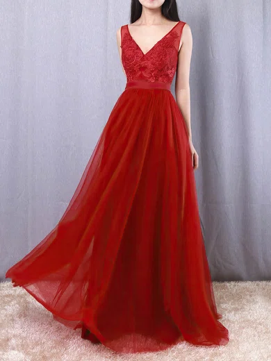 A-line V-neck Tulle Floor-length Appliques Lace Prom Dresses #Favs020105082