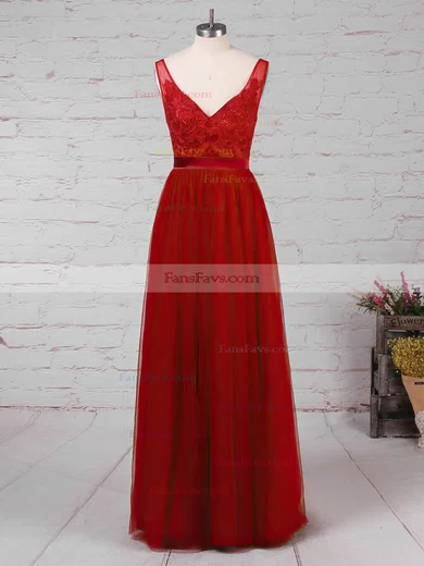 A-line V-neck Tulle Floor-length Appliques Lace Prom Dresses #Favs020105082