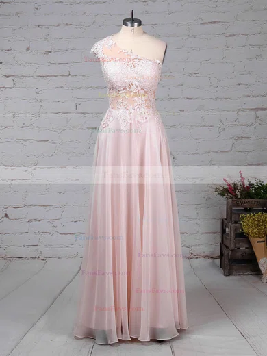 A-line One Shoulder Chiffon Floor-length Appliques Lace Prom Dresses #Favs020105091