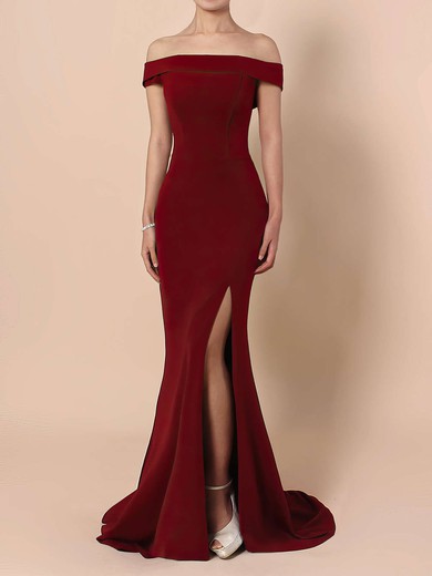 Sheath/Column Off-the-shoulder Jersey Floor-length Split Front Prom Dresses #Favs020105840