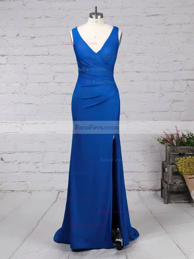Sheath/Column V-neck Jersey Sweep Train Beading Prom Dresses #Favs020105844