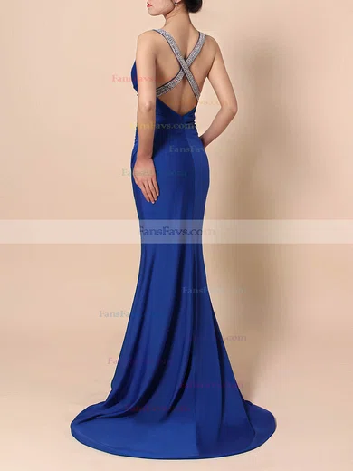 Sheath/Column V-neck Jersey Sweep Train Beading Prom Dresses #Favs020105844