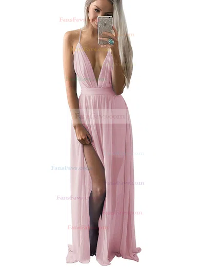 A-line V-neck Chiffon Floor-length Split Front Prom Dresses #Favs020102501