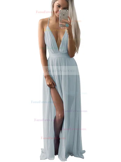 A-line V-neck Chiffon Floor-length Split Front Prom Dresses #Favs020102501