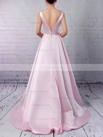 Princess V-neck Satin Sweep Train Pockets Prom Dresses #Favs020105849