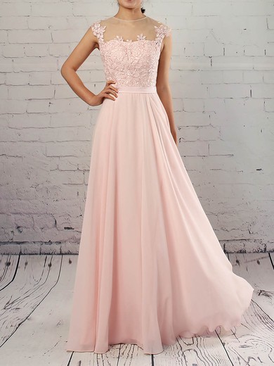 A-line Scoop Neck Chiffon Floor-length Appliques Lace Prom Dresses #Favs020105858