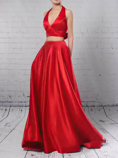 Princess Halter Satin Sweep Train Bow Prom Dresses #Favs020105868