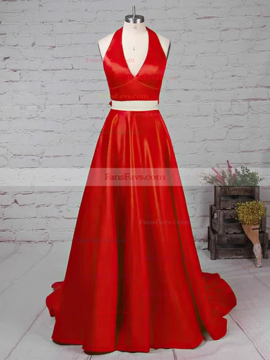 Princess Halter Satin Sweep Train Bow Prom Dresses #Favs020105868