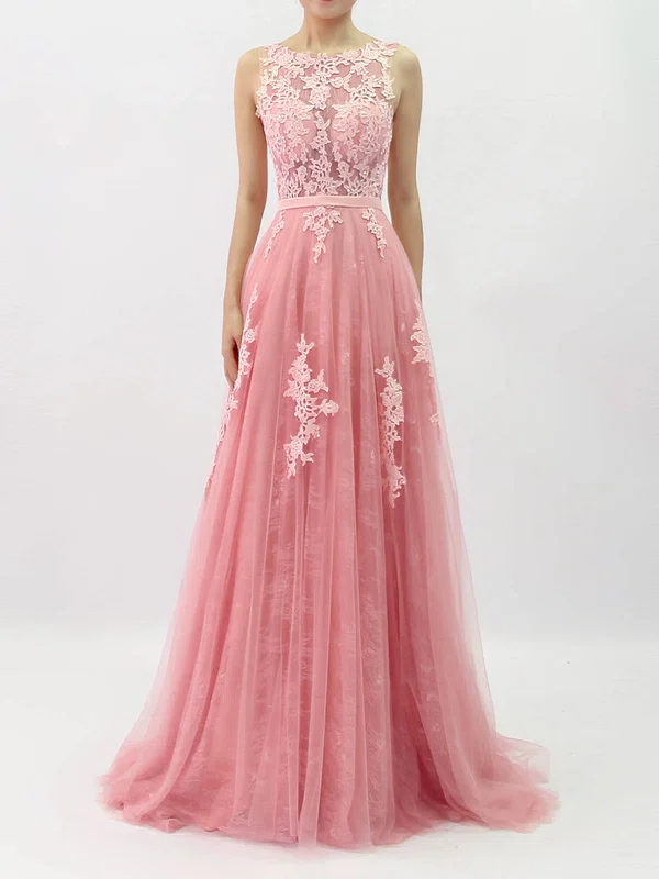 Princess Scoop Neck Lace Tulle Sweep Train Beading Prom Dresses #Favs020105890