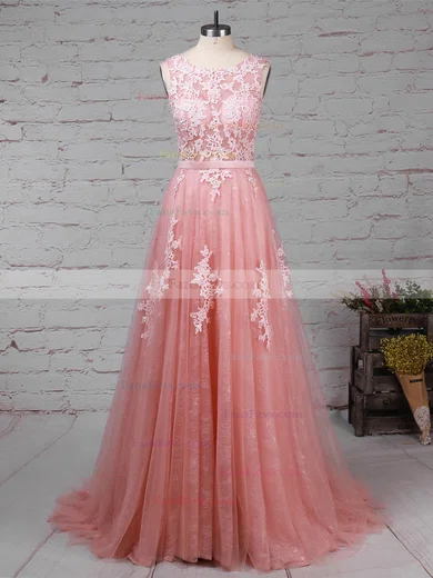 Princess Scoop Neck Lace Tulle Sweep Train Beading Prom Dresses #Favs020105890