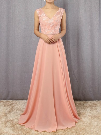 A-line V-neck Chiffon Floor-length Appliques Lace Prom Dresses #Favs020105892