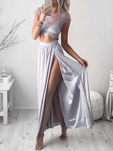 Sheath/Column Scoop Neck Silk-like Satin Lace Ankle-length Split Front Prom Dresses #Favs020102509