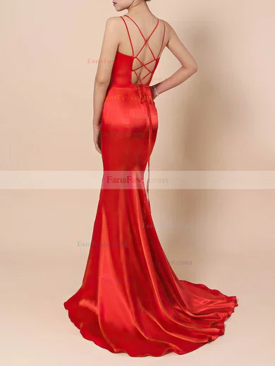 Trumpet/Mermaid V-neck Satin Sweep Train Split Front Prom Dresses #Favs020106413