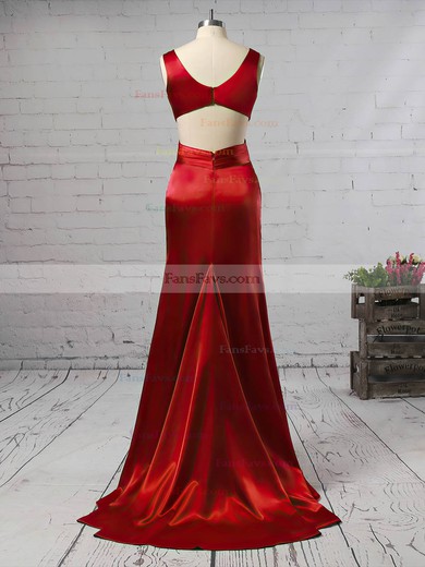 Sheath/Column V-neck Silk-like Satin Sweep Train Ruffles Prom Dresses #Favs020105829