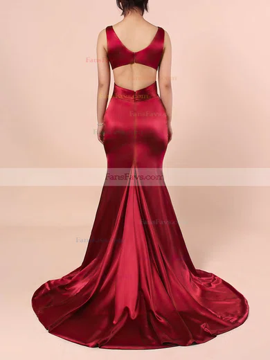 Sheath/Column V-neck Silk-like Satin Sweep Train Ruffles Prom Dresses #Favs020105829