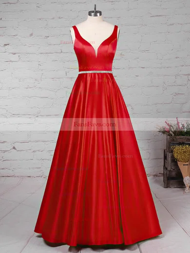Princess V-neck Satin Floor-length Beading Prom Dresses #Favs020105875