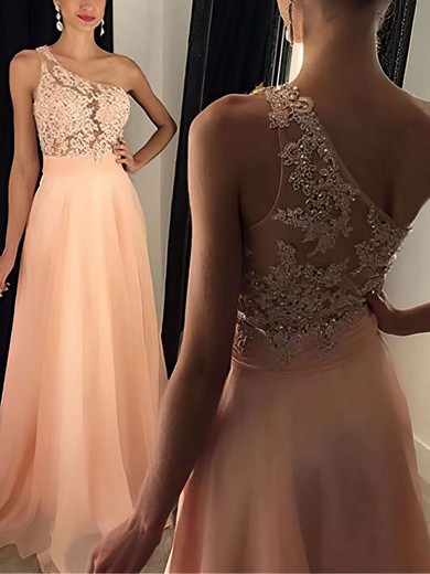 A-line One Shoulder Chiffon Sweep Train Appliques Lace Prom Dresses #Favs020102512