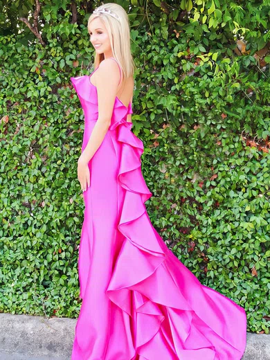Trumpet/Mermaid Square Neckline Satin Sweep Train Cascading Ruffles Prom Dresses #Favs020106411