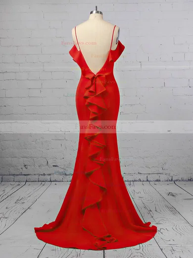 Trumpet/Mermaid Square Neckline Satin Sweep Train Cascading Ruffles Prom Dresses #Favs020106411